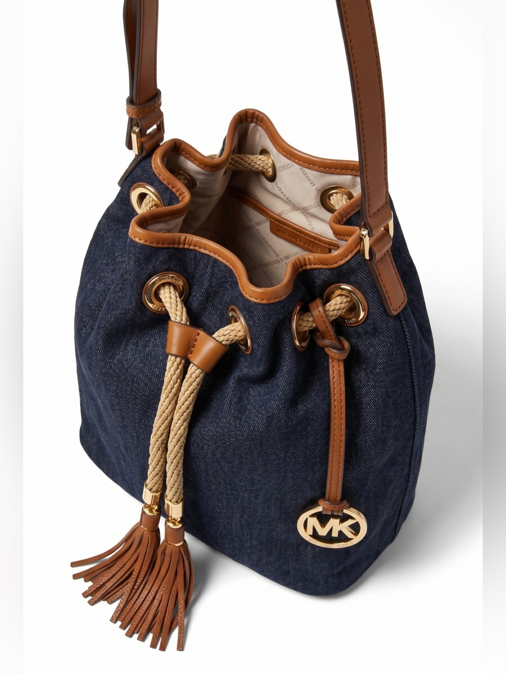 Michael Kors Marina Large Denim Drawstring Bucket Crossbody Bag w/ Branded Dusty - Picture 10 of 16